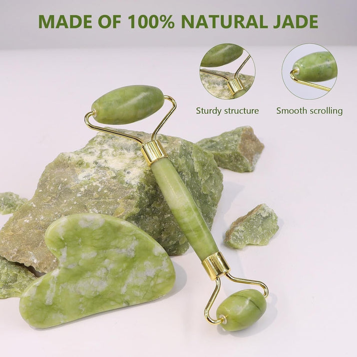 Jade Roller & Gua Sha Scraper Set – Facial Massage Kit for Anti-Aging Treatment